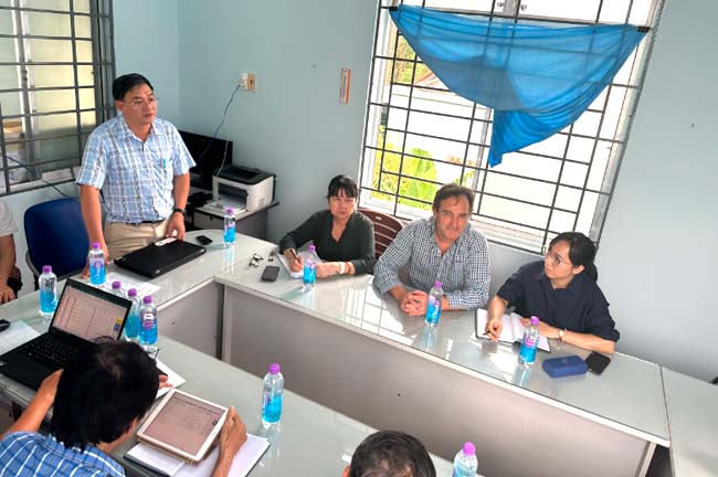 Figure 2. Dr. Huynh Hong Quang works with the WHO expert team and health units from Khanh Hoa Provincial CDC, District Health Center of Khanh Vinh, and Commune Health Station in Khanh Thuong commune o&shy;n June 6, 2024.